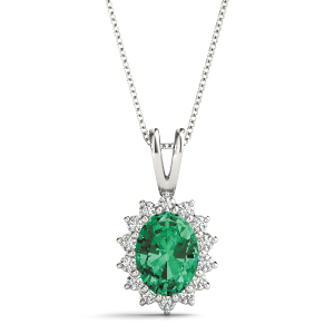 Vanessah Emerald Platinum Prong Set Halo Pendant Necklace