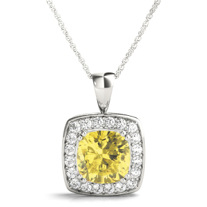 Turgiua Yellow Diamond Platinum 4 Prong Halo Pendant Necklace