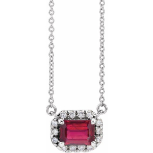 Natural Ruby Emerald cut 4 Prong  Halo Pendant Necklaces