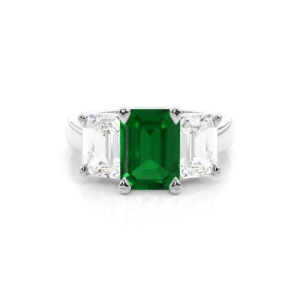 Darlena Emerald Yellow Gold 4 Prong 3 Stone Ring Diamond Rings