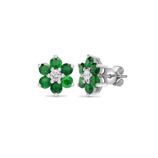 1.53 Ct Emerald Round Cut Fawn  Diamond Earrings in 18K White Gold