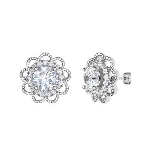 0.3 Ct Natural Round Cut Jackston  Halo Diamond Earrings in 9K White Gold