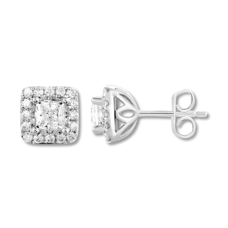 0.1 Ct Natural Princess Cut Janine  Halo Diamond Earrings in 9K White Gold