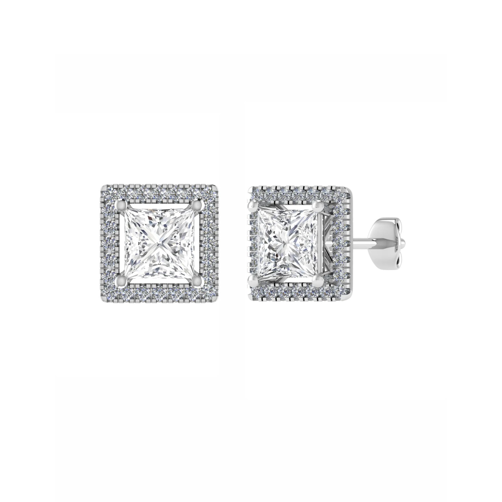 0.1 Ct Natural Princess Cut Kaia  Halo Diamond Earrings in 9K White Gold