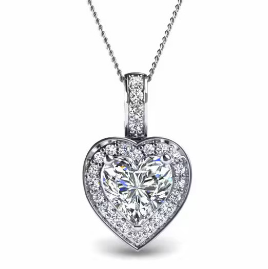 Natural Diamond Heart Cut Trianna Halo Pendant Necklaces in 9K White Gold