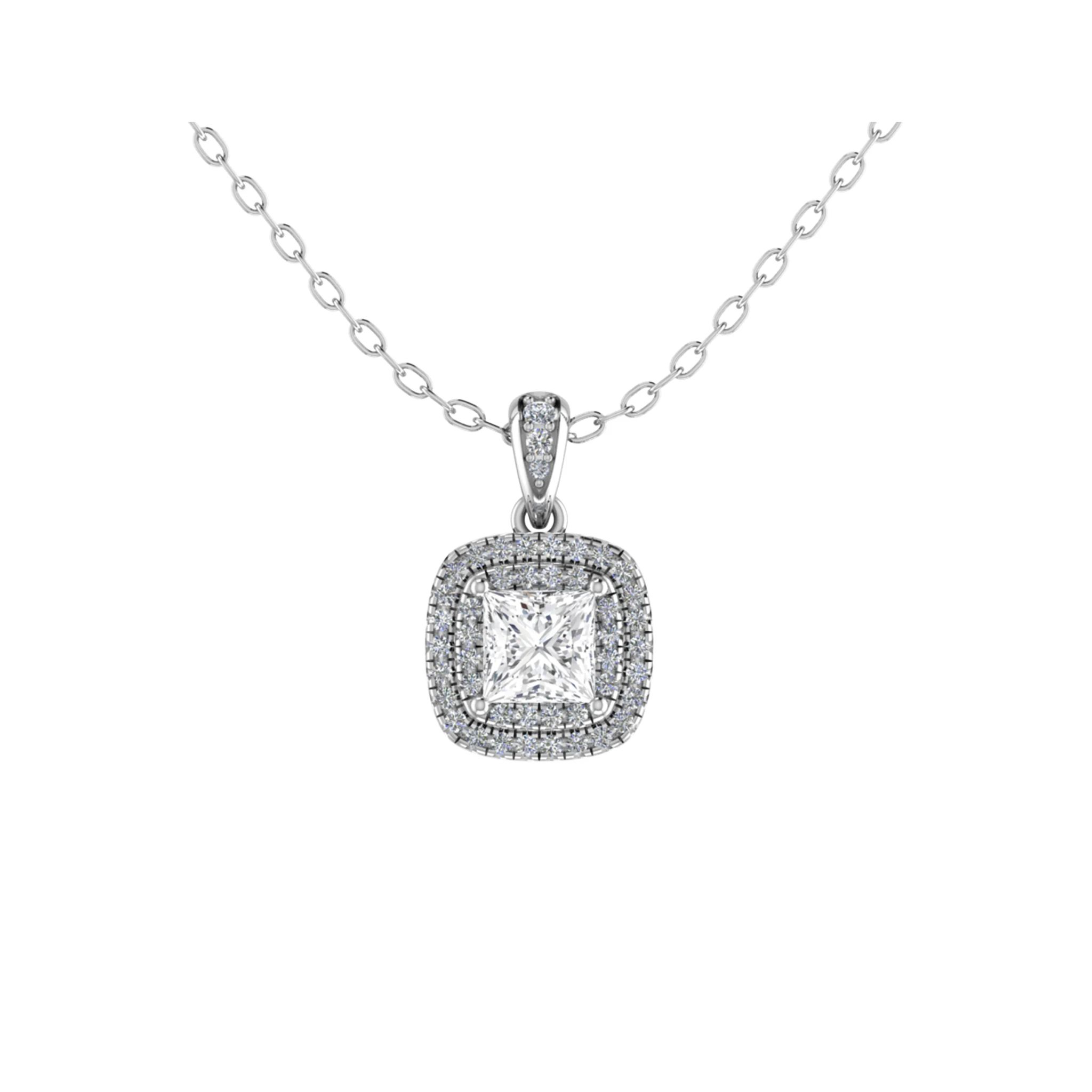 0.5 Ct Natural Diamond Princess Cut Trudie  Halo Pendant Necklaces in 9K White Gold