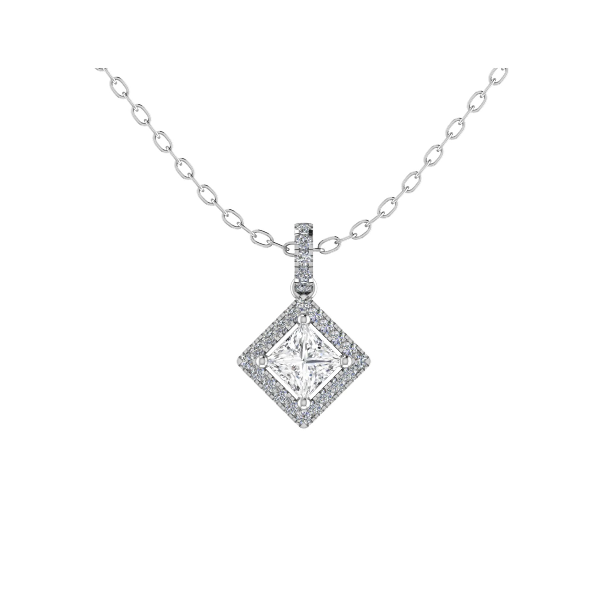 0.23 Ct Natural Diamond Princess Cut Tesslyn  Halo Pendant Necklaces in 9K White Gold