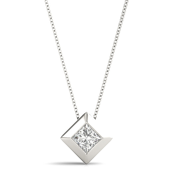 0.1 Ct Natural Diamond Princess Cut Richarede  Solitaire Pendant Necklaces in 14K White Gold