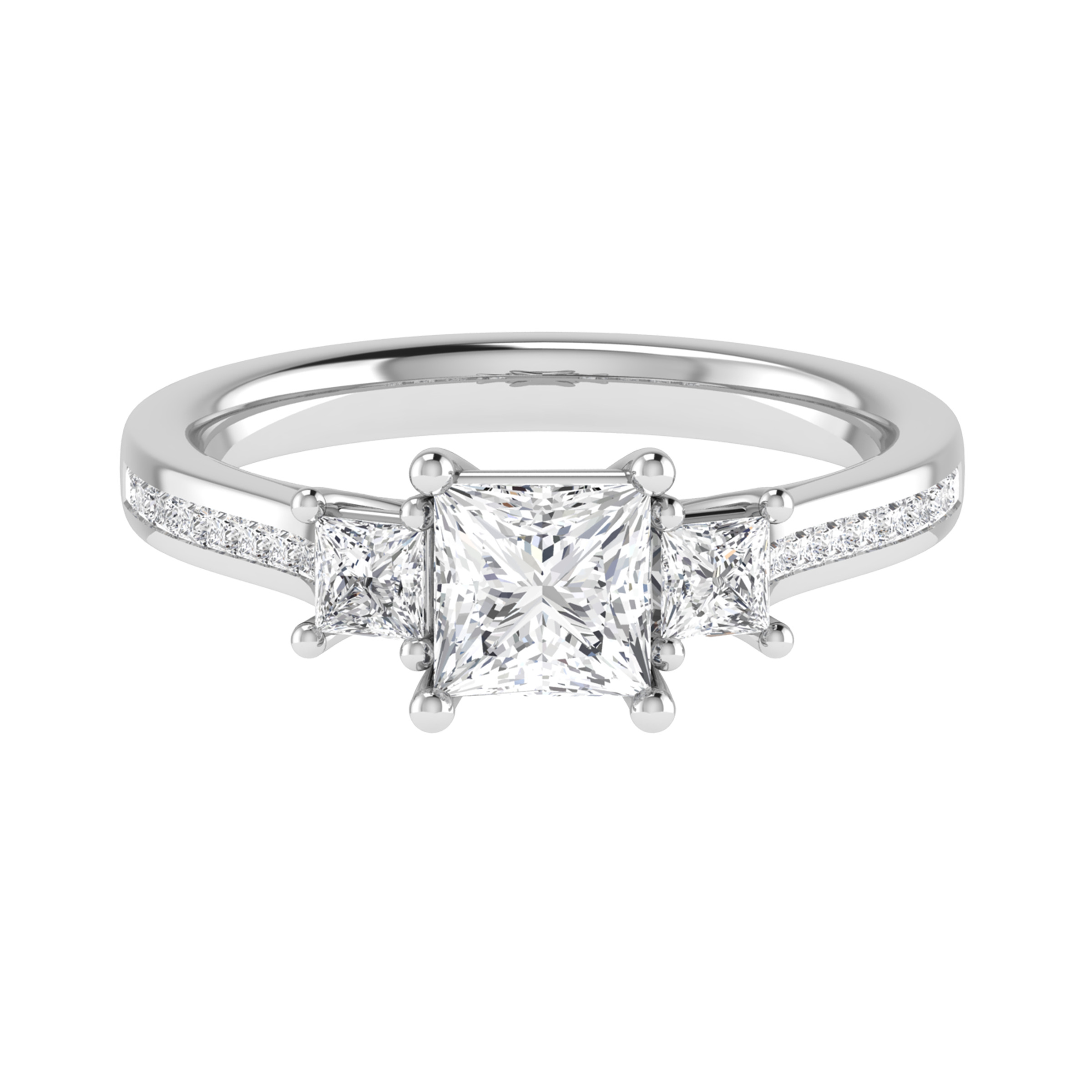 Natural Princess Cut Dinorah  3 Stone Ring Diamond Rings in 9K White Gold