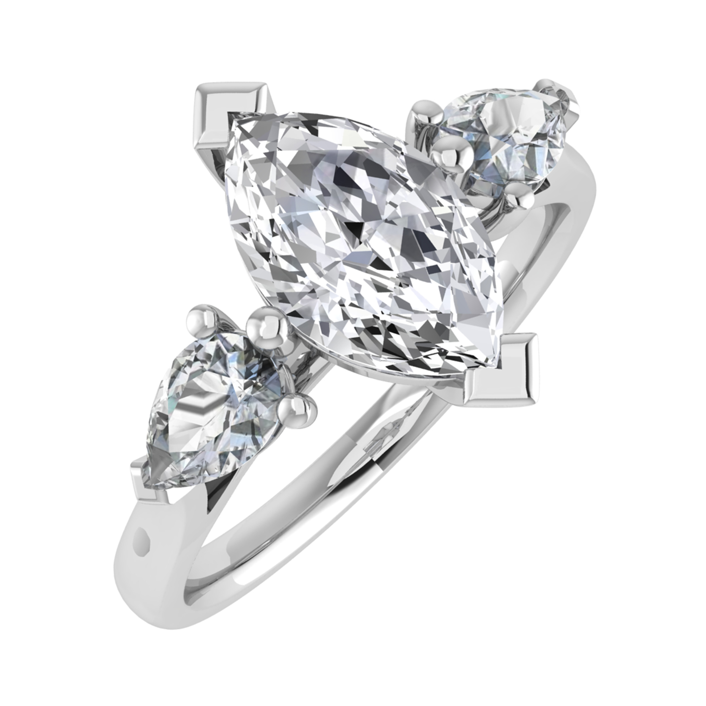 Natural Marquise Cut Dareca  3 Stone Ring Diamond Rings in 9K White Gold