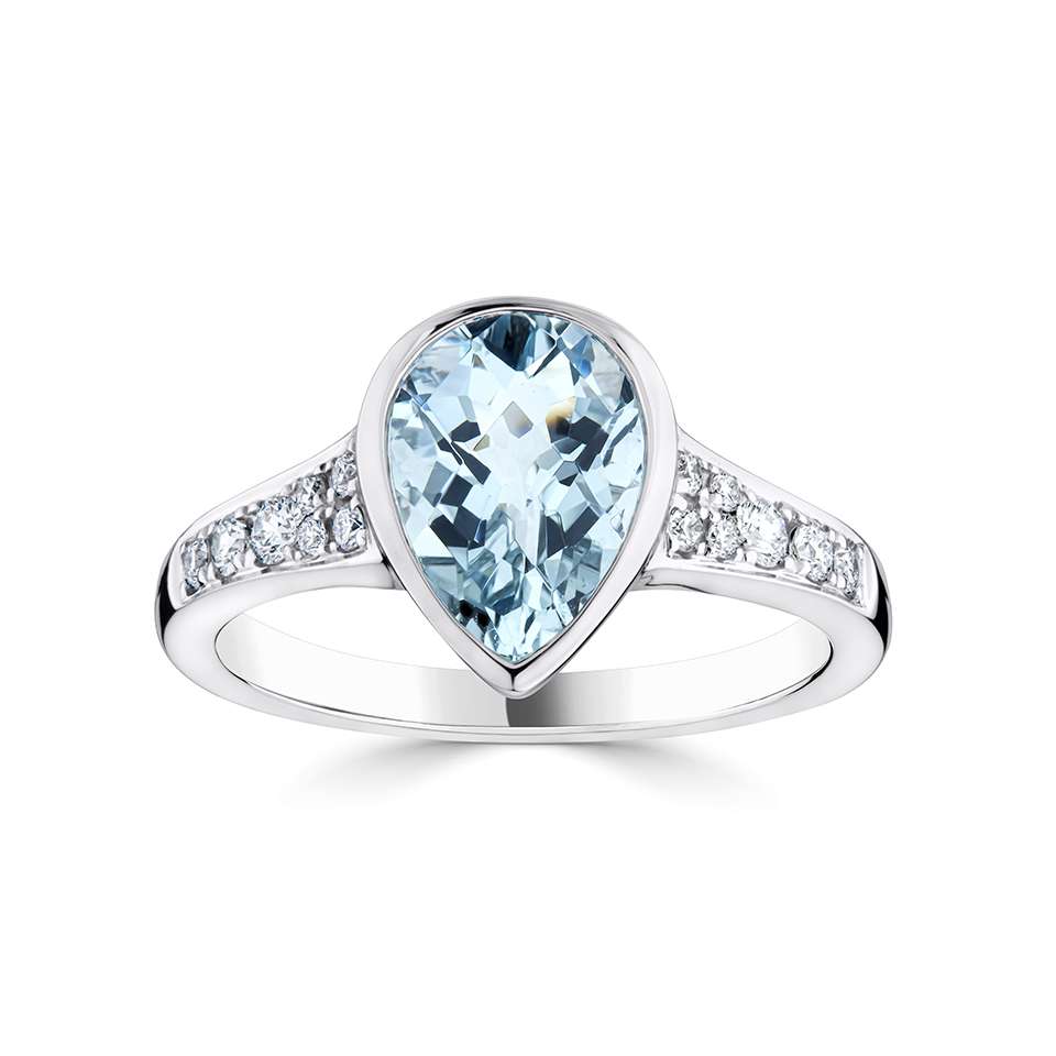 1.85 Ct Aquamarine Pear Cut Belladonna Statement Diamond Rings in 18K White Gold