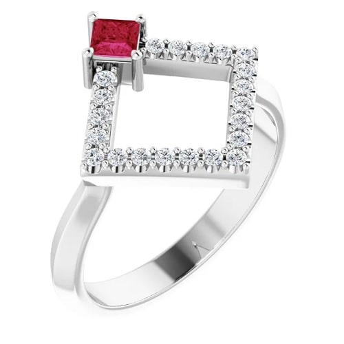 0.41 Ct Natural Ruby Princess Cut Lillian  Diamond Rings in Silver 925